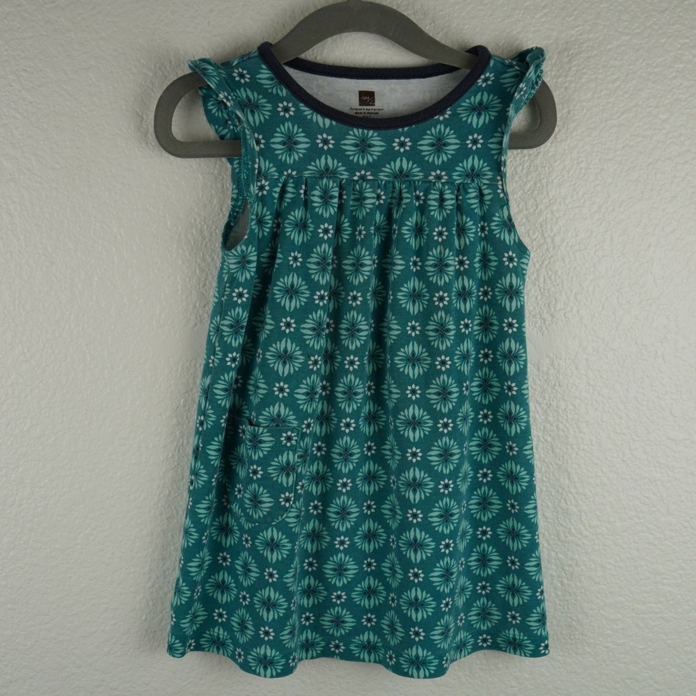 Tea‎ Collection Teal Floral A-Line Dress Size 3 Cotton Sleeveless Kids